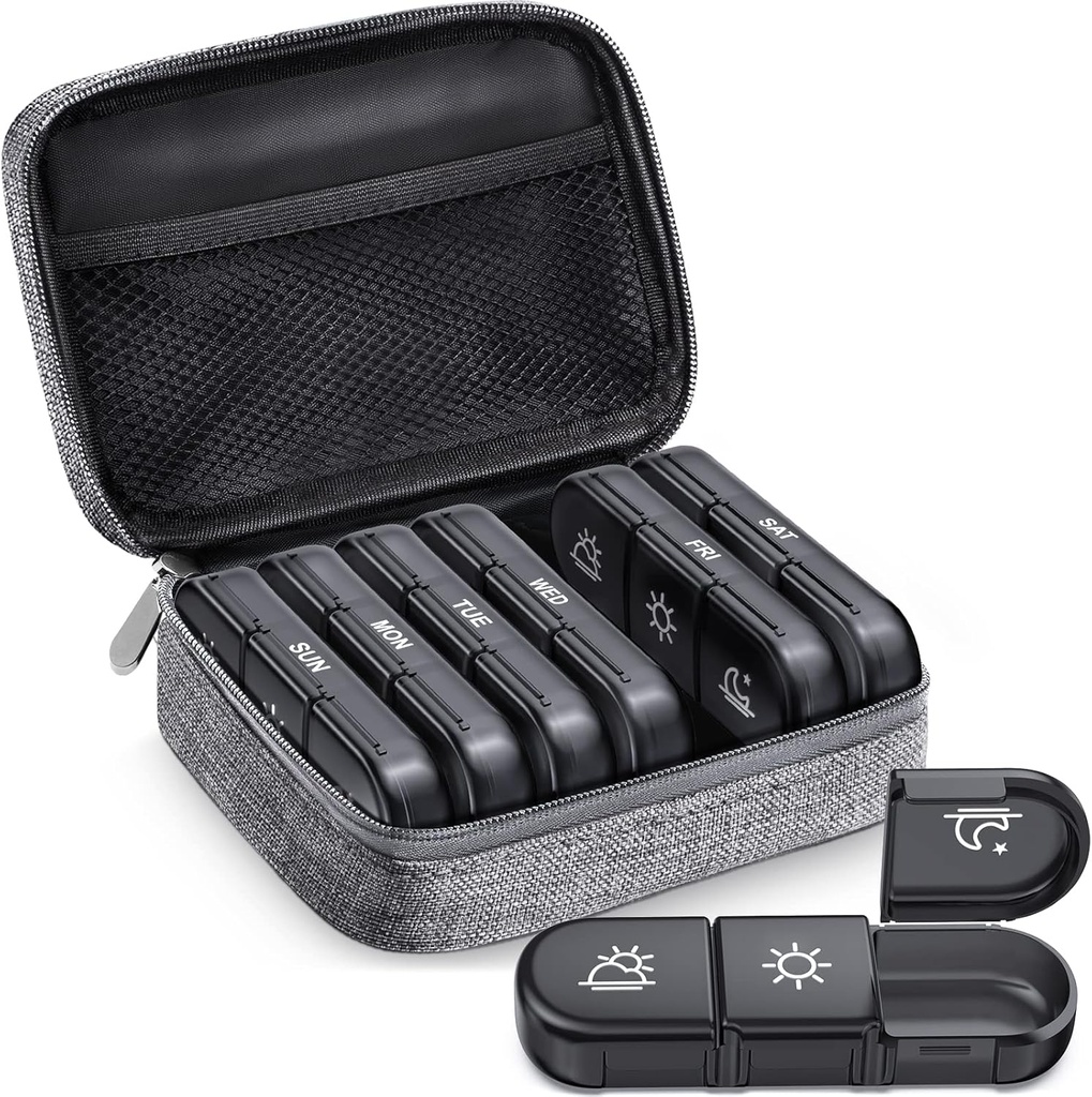 ZIKEE Gran Caja semanal de Pill Organizador 3 veces al día, Portable Light Proof Canvas Bag Pill Box 7 Día para proteger su privacidad y almacenar medicamentos, vitamina, aceite de pescado, suplemento (griego)