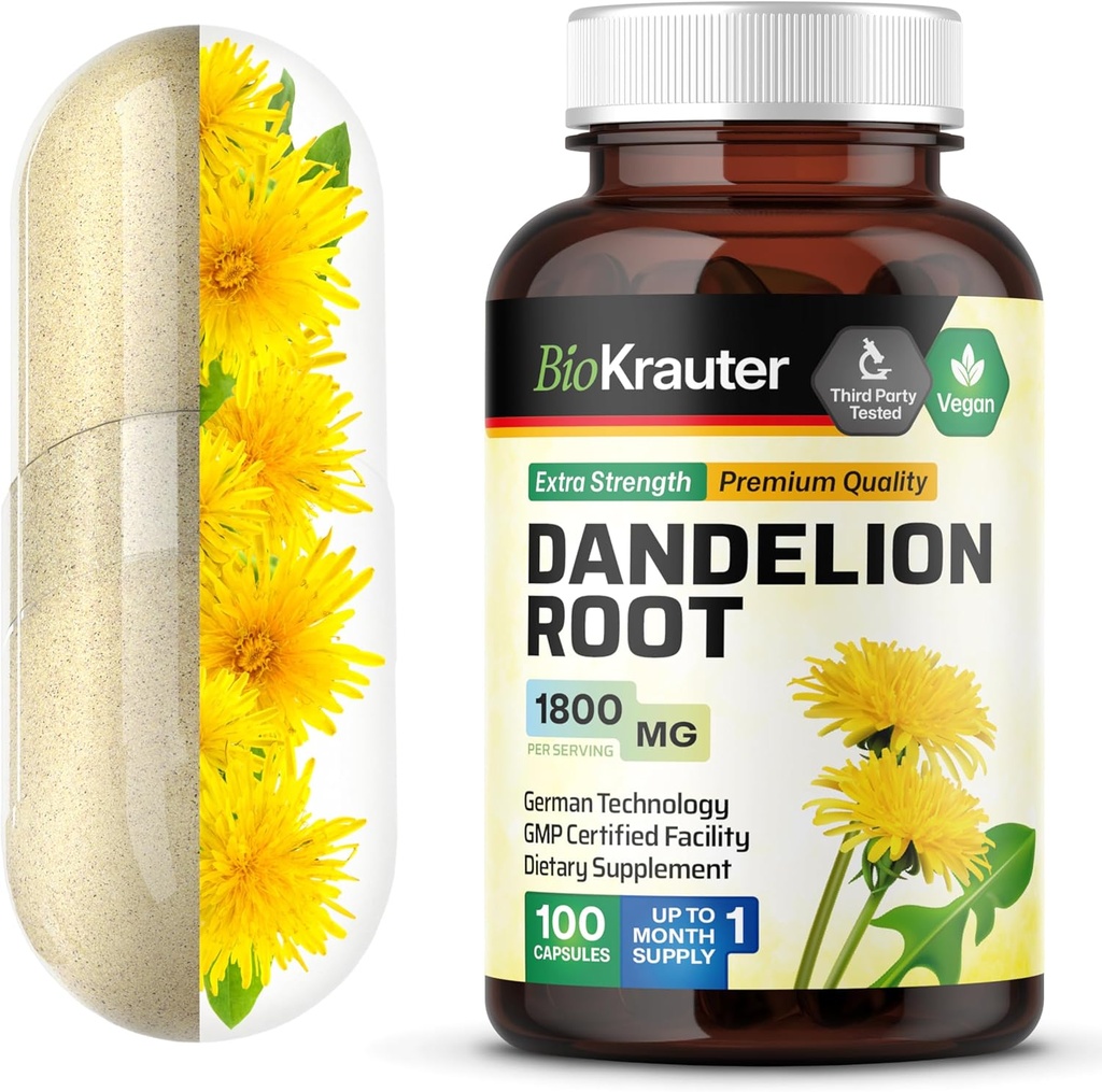 BIO KRAUTER Dandelion Root Capsules - 1800 mg Strength - 100 Conde - Dandelion Root Suplemento - Vegan Capsules for Liver Support