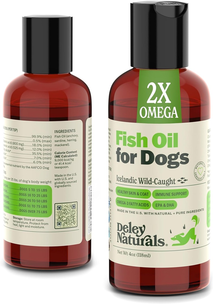 Deley Naturals Dog Fish Oil Islandiaic 2X Omega - Dog Itching Skin Relief with Omega 3 6 9 for Alergies, Coat & Heart - Omega 3 Fish Oil for Dogs Skin Irritation - 4oz Omega Oil for Dogs Made in USA