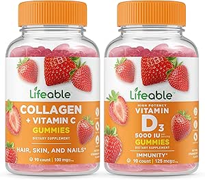 Lifeable Collagen &amp; Vitamina C + Vitamina D 5000 UI, Gummies Bundle - Gran Tasting, Suplemento de vitamina, Gluten Gratis, GMO Gratis, Chewable Gummy