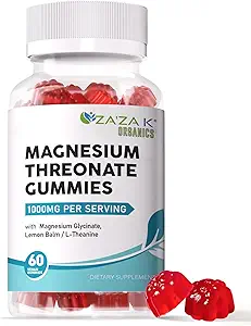 ZA'ZA K ORGANICS Magnesium Threonate Gummies, 500mg Magnesium Threonate with Glycinate, L-Theanine, Lemon Balm, Magnesium Supplement for Kids Adults, Brain Health, 60 Count