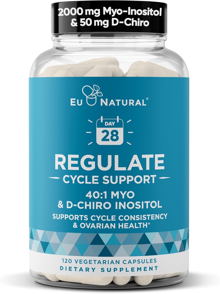 Soporte para ciclos regulados – Equilibrio hormonal para mujeres en el Optimal 40:1 Myo-Inositol 2000 mg " D-Chiro Inositol 50 mg – Suplemento para Consistencia Periodo, Soporte para menstruales y ovulación – 120 cápsulas veganos