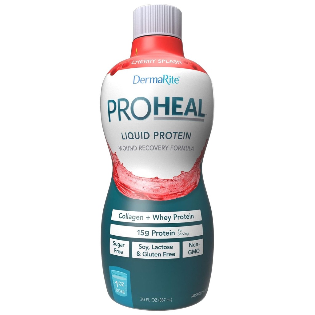 DermaRite ProHeal Protein Suplemento - Liquid Protein Wound Recovery Fórmula, 15g de Collagen &amp; Whey Protein - Cherry Splash Flavor, 30 oz., 1 Conde
