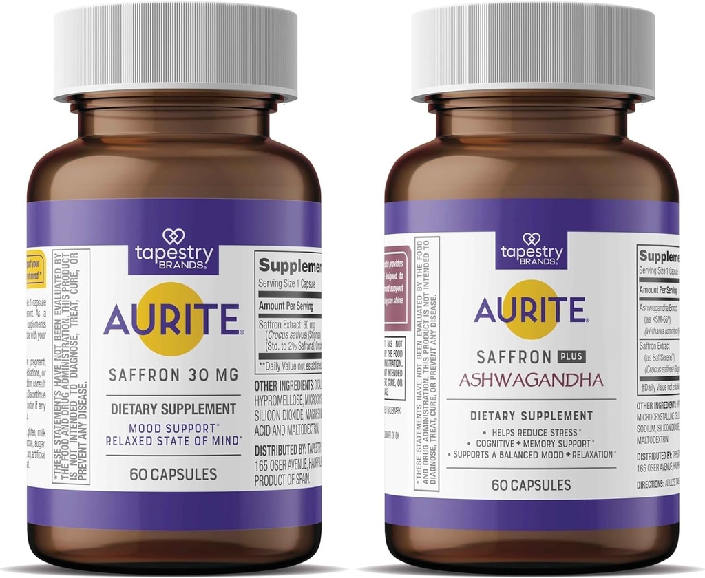 Saffron Ashwagandha & Saffron Supplement Bundle ← Stress Management, Mood Support, Long-Term Memory. Vegetariano Amistad, No GMO, Sin gluten, Libre de Soy
