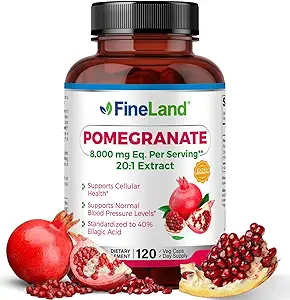 FineLand Pomegranate Extract 20:1, 8.000 mg Equivalente por Serving, 40% de ácido laángico Estándarizado, Suplemento Antioxidante para la salud celular y ADN, 120 cápsulas de veg, 4 meses de suministro