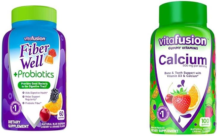 Vitafusion Fiber Well Probiotics Gummies Adultos 60 Conde & Calcium Gummy Vitaminas Huesos Soporte Fruta Crema Flavored 100 Conde