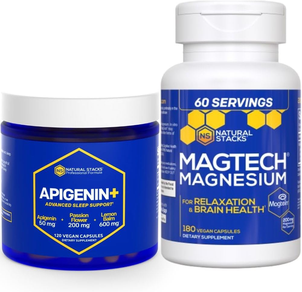 NATURAL STACKS Apigenin for Sleep + Magtech Magnesium Supplement Bundle - Supports Sleep & Brain Health* - 300 Total Capsules