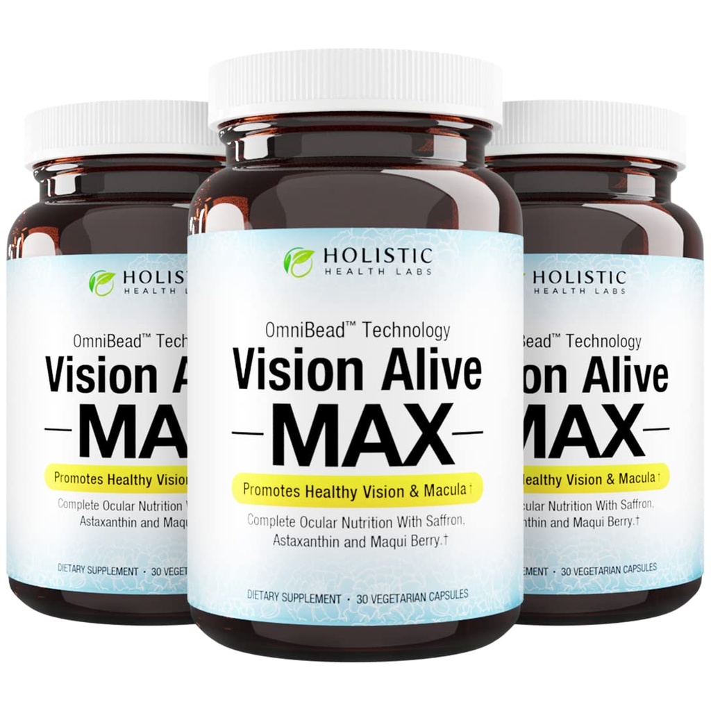 Holistic Health Labs Vision Alive Max con 8 Ingredientes Naturales Lutemax® 2020, Bilberries, Blueberries, c3g de Currant Negro, Maqui Berry, Saffron y Astaxanthin (30 Conde (Pack of 3))