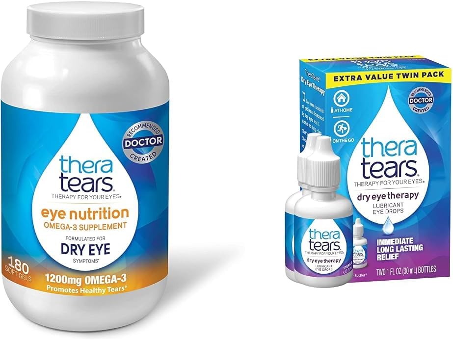 TheraTears 1200mg Omega 3 Suplemento para la Nutrición Ocular, Orgánica Triglicérida Pez Aceite y Vitamina E, 180 Conde " Terapia Ojo seco Gotas Oculares Lubricantes para Ojos Secos, 1 fl oz Bottle Twin Pack