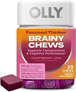 OLLY Focused Thinker Brainy Chews, Omega-3 ALA, Vitaminas B6 &amp; B12, Plus Thai Ginger Extract for Alertness, Concentration " Cognitive Performance Support, Vegetarian, Raspberry, 20 Conde