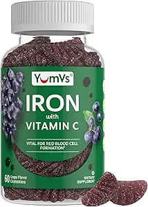 Suplemento de Hierro con Vitamina C – 10 mg Suplemento de Hierro – Grandes Gummies de sabor de la uva – apoya la salud inmune y ayuda con la deficiencia de hierro – Vegan, Kosher, Non-GMO – 60 Conde