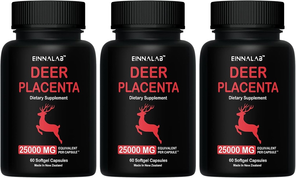 25,000mg Deer Placenta Supplement 60 Capsules - Made in New Zealand (Set of 3 Bottles, 180 Capsules)