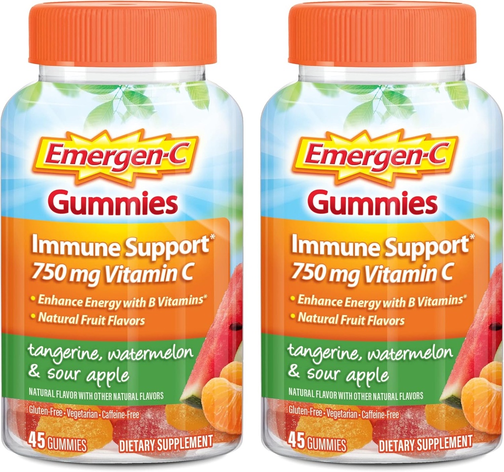 Emergen-C Vitamina C Gummies, Suplemento dietético para soporte inmunitario, Tangerina, sandía y sabor a manzano - 45 Conde x 2 (Pack de 2)