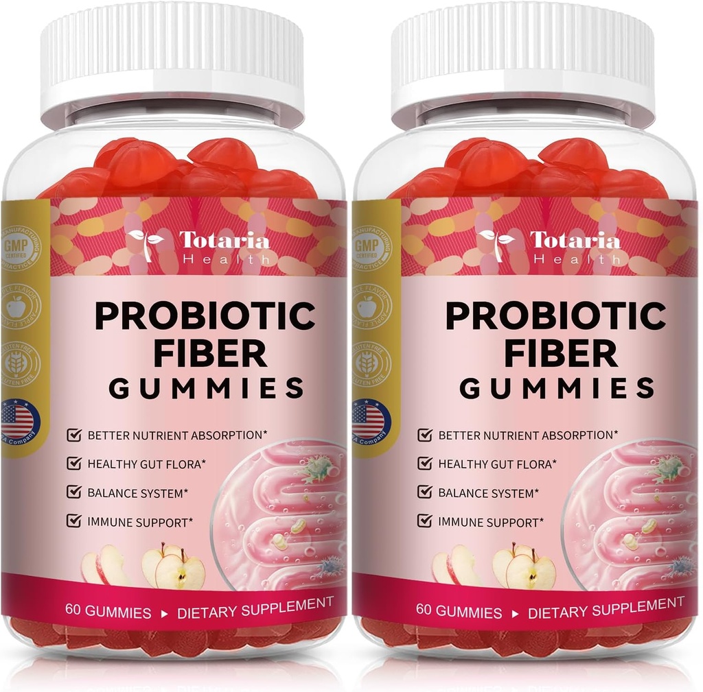 9-en-1 Gummies de fibra probiótica para adultos " adolescentes 16G fibra por ser, suplemento de fibra de Psyllium con 5 millones de francos CFU Bacillus Coagulans, Inulin, ACV para digestivo, Gut &amp; Immune Wellness - 2 Botellas