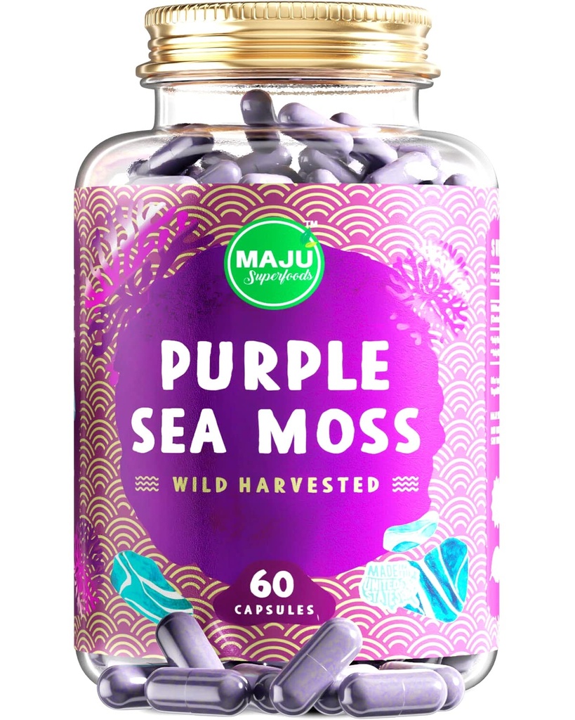 MAJU's Powerful Purple Sea Moss Capsules (60 ct), Extra-Strength Purple Minerals, Chondrus Crispus, Stronger Than Gel, Compare con Seamoss Capsule, Wild Harvested Powder Pills