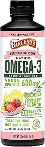 Limonada Rosa de Barlean Vegan Omega 3 Suplemento, Aceite de Algas Líquidas con 630 mg EPA & DHA, Omegas con base vegetal de aceite de Algal, No GMO &amp; Gluten Gratis, 16 oz