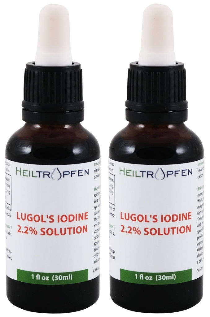 2X 2.2% Lugol's Iodine Solution 2x1 Fl Oz - 2x30 ml | Pharmaceutical Grade Ingredients | Third-Party Tested | Lugols Solution Made with Iodine and Potassium Iodide | Set of Two Bottles | Heiltropfen®