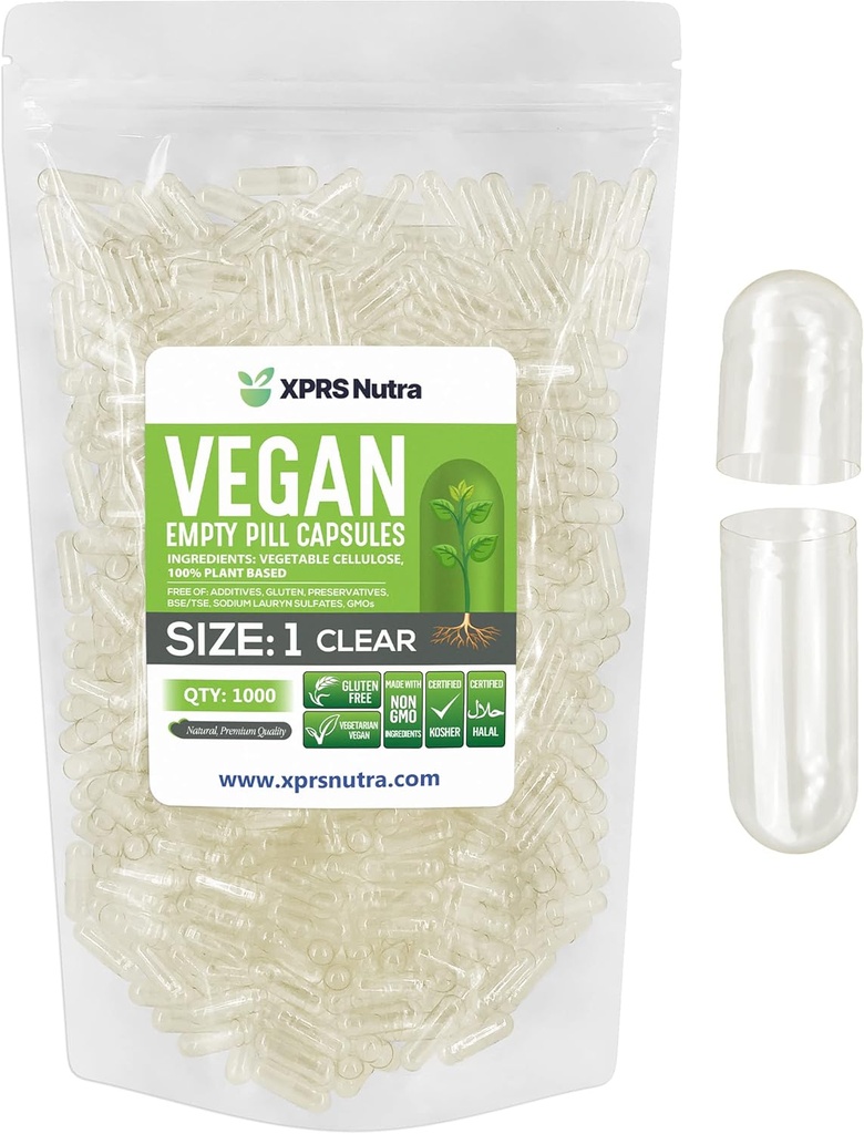 XPRS Nutra Tamaño 1 Empty Capsules - 1000 Conteo Limpio Vacío Cápsulas Veganas - Láminas Vegetarianas - DIY Cápsula Vegetal Filling- Veggie Pill Caps for Do-It-youself Suplementos