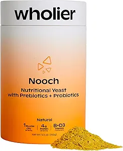 wholier Nutricional Levadura Flakes con Prebióticos &amp; Probióticos para Gut Health. Metilcobalamina Vitamina B12 &amp; Vitamina D3. Cheesy Vegan Seasoning. (5.3 oz.) (Natural)