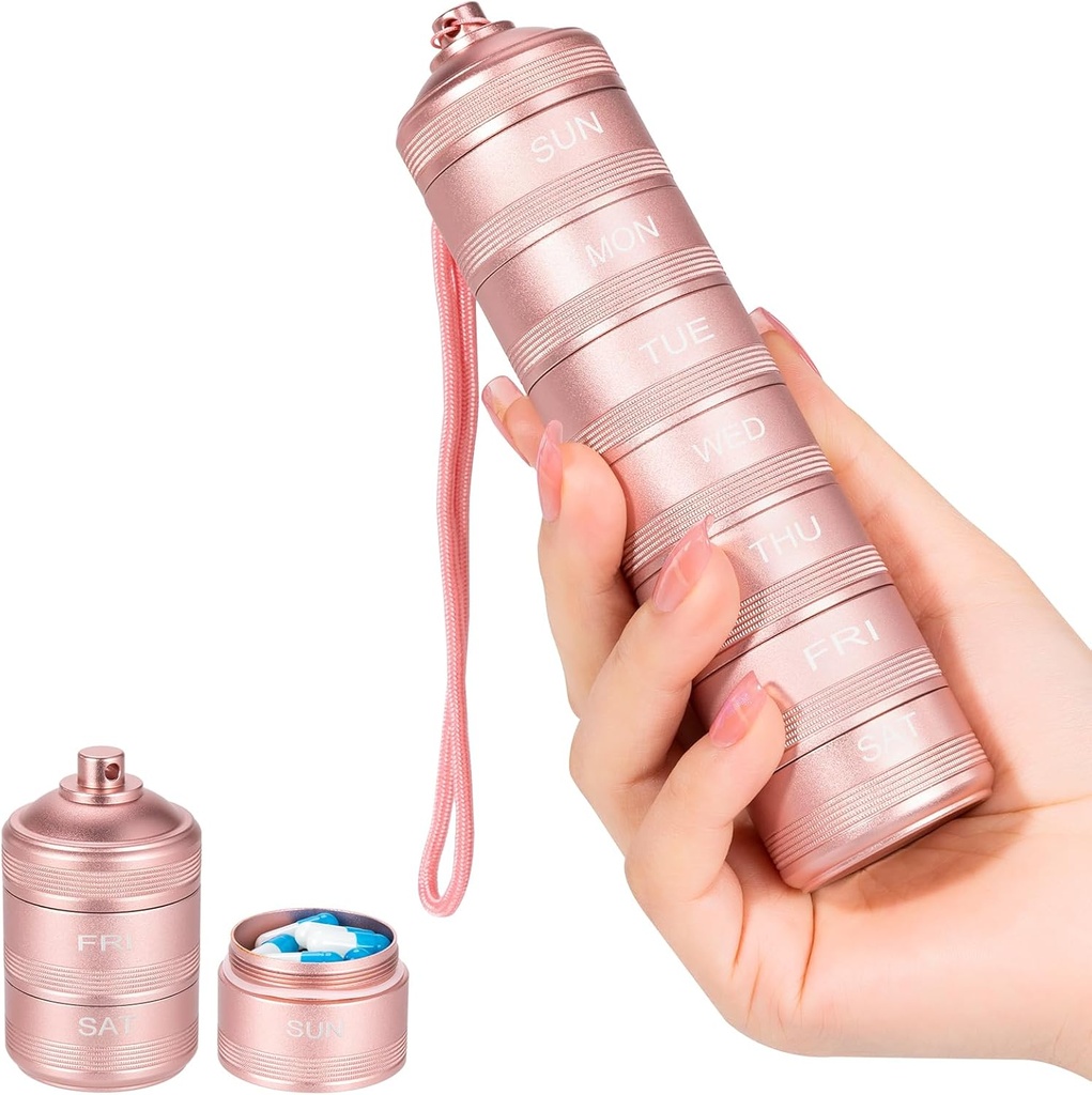 7 Day Metal Pill Organizer - Waterproof Travel Vitamin Case Pill Box, Daily Pill Container 7 Compartments, Weekly Pill Containers for Medicine Supplements Fish Oil, Pink