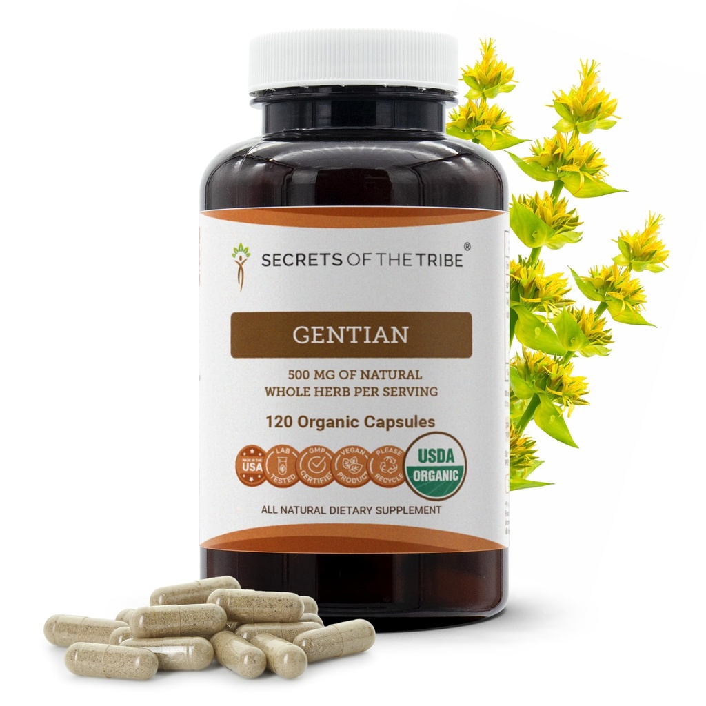 Secrets of the Tribe Gentian USDA Organic 120 Capsules, 1000 mg, Responsibly farmed Organic Gentian (Gentiana Lutea) Dried Root (120 cápsulas)