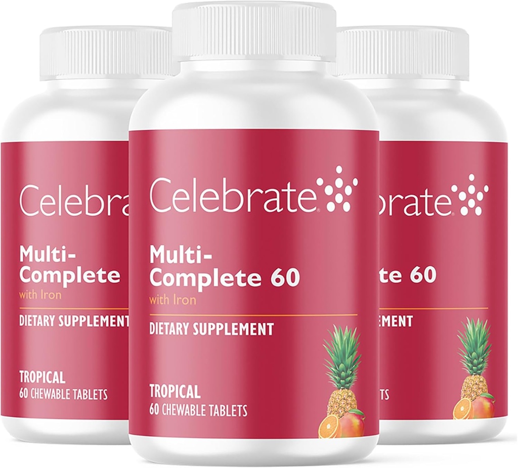 Celebrar Vitaminas Multi-Completa Chewables, 60mg Hierro – Multivitaminas Bariatrices diarias para la Gastrectomía del Sleeve y Cirugía de Bypass Gástricos Pacientes – Vitaminas Esenciales & Minerales - Tropical (180 Tabletas)