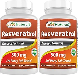 Best Naturals 2 Packs Resveratrol Complex 500 mg 60 Veg Capsules Hecho con piel de uva, vino tinto, quercetina - Gluten Gratis &amp; No GMO - (Total 120 cápsulas)