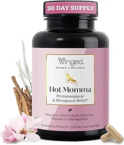 Winged Wellness Hot Momma Menopause Suplementos para Mujeres - Alivio de la menopausia libre de hormonas Apoyo para Flashes calientes ' Night Sweats with Chaste Tree Berry, Multivitamins &amp; More - 60 Vegan Capsules