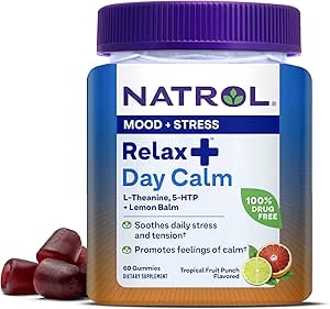 Natrol Mood+ Estrés Relájate+ Día Calma Gummies for Occasional Stress, Tropical Fruit Punch, 60 Cuenta, 60 Day Supply