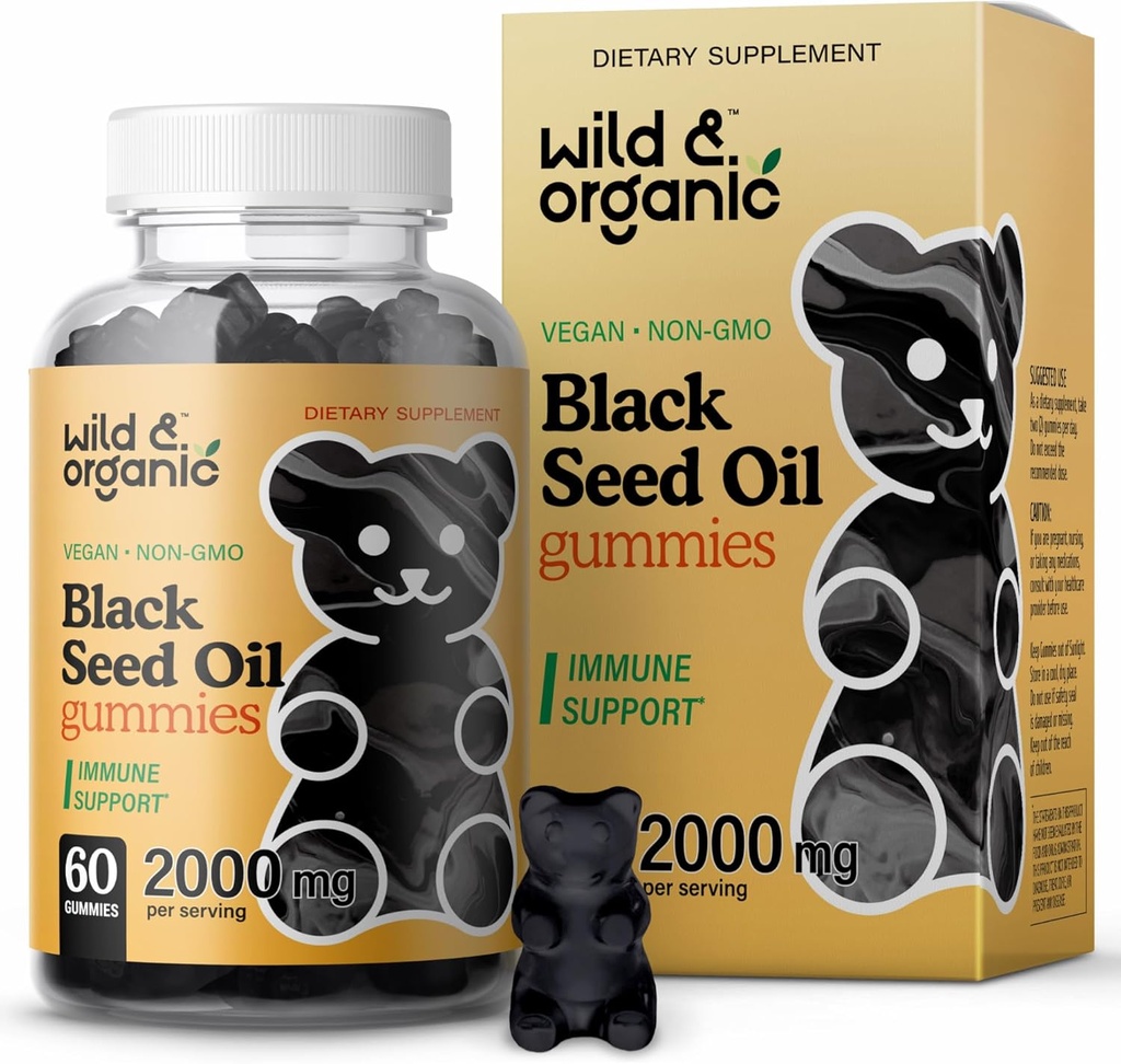 Wild &amp; Organic Black Seed Oil Gummies 2000mg - Hair Skin and Nails Support w/Cumin Oil - Nigella Sativa - Black Seed Gummies for Immunity - 60 Omega 3 6 9 Chews