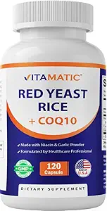 Vitamatic Citrinin-Free Yeast Rice 1200 mg. Cápsulas con CoQ10 100mg, Flush Free Niacin 100mg, &amp; Ajo Powder 20mg - 120 Veg Capsules