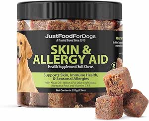 JustFoodForDogs Skin &amp; Allergy Care Soft Chews Supplement for Dogs, Seasonal Allergies, Itchy Skin Relief, Inflammation, Immune Support - 45 Count