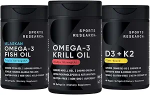 Sports Research Antarctic Krill Oil Omega 3 1000mg (Doble Strength) con fosfolípidos, Choline " Astaxanthin, Triple Strength Omega 3 Fish Oil Single-Source Wild Alaska Pollock 1250mg, Vitamina D3 K2