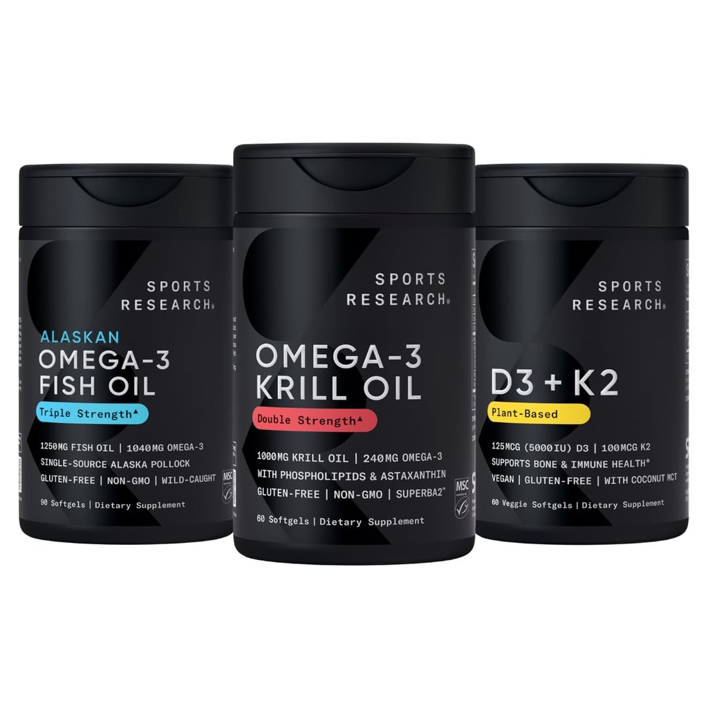 Sports Research® Antarctic Krill Oil Omega 3 1000mg (Double Strength) with Phospholipids, Choline & Astaxanthin, Triple Strength Omega 3 Fish Oil Single-Source Wild Alaska Pollock 1250mg, Vitamin D3 K