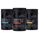Sports Research® Antarctic Krill Oil Omega 3 1000mg (Double Strength) with Phospholipids, Choline & Astaxanthin, Triple Strength Omega 3 Fish Oil Single-Source Wild Alaska Pollock 1250mg, Vitamin D3 K