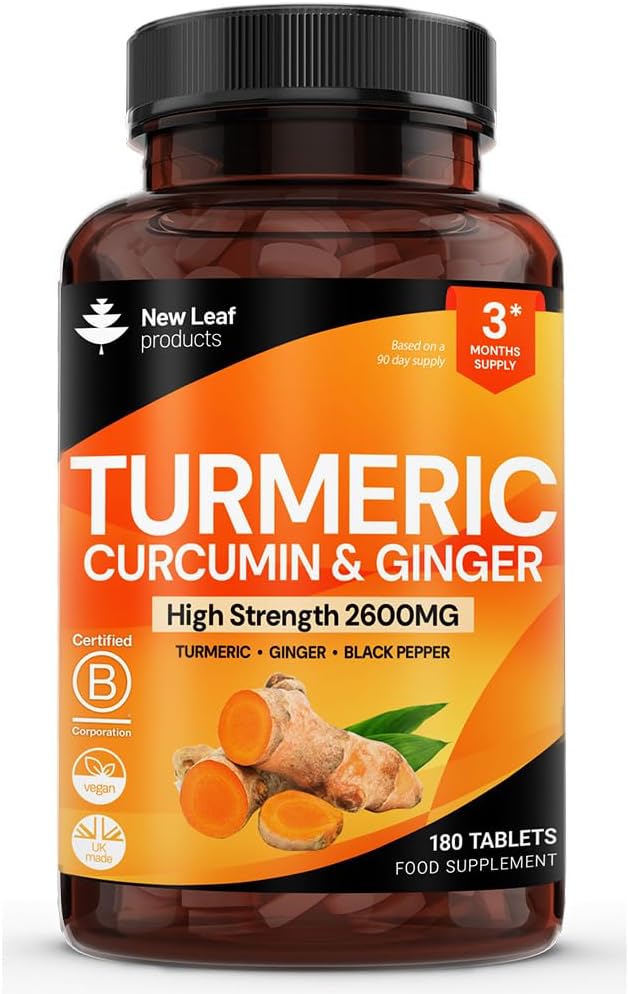 Tablas Turméricas con Pepper Negro y jengibre - Curcumina - 180 Tablas Turméricas y Pepper Negro (3 Mes) Suplementos Turméricos Activos de Alta Fuerza No Capsules, por Nueva Hoja