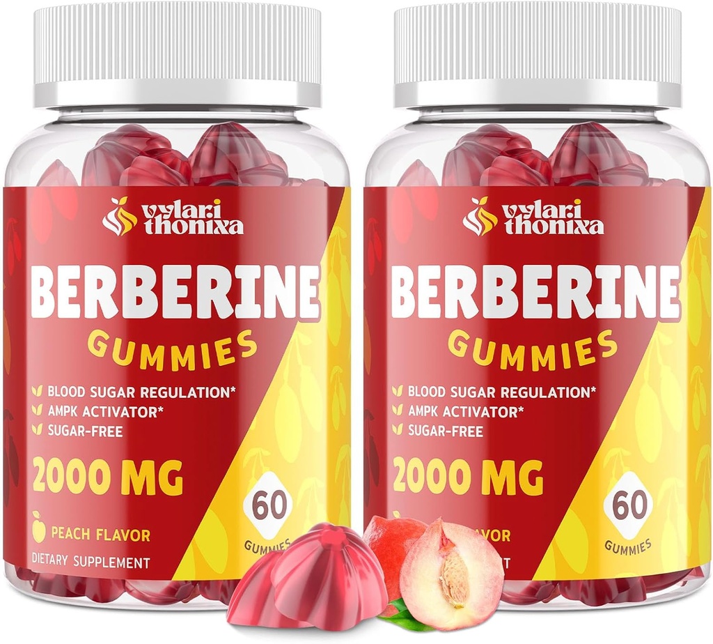 2000mg Berberine Suplemento Gummies - High Potency Berberine with Ceylon Cinnamon Candy, Turmeric, Magnesium, Chromium - Sugar Free, Vegan, Non-GMO, Gluten-Free - Peach Flavor 60 Gummies - 2 Pack