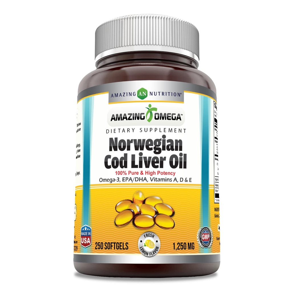 Increíble Omega Norwegian Cod Liver Oil 1250 Mg Softgels Suplemento ← Omega-3, EPA, DHA, Vitamina A, Vitamina D &amp; Vitamina E (Límon Silencioso 250 Cuenta)