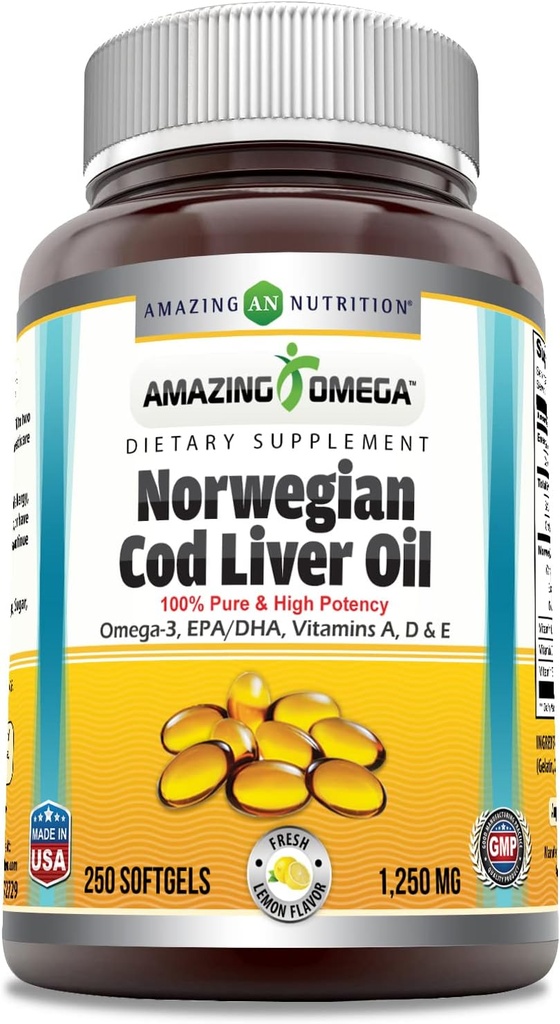 Increíble Omega Norwegian Cod Liver Oil 1250 Mg Softgels Suplemento ← Omega-3, EPA, DHA, Vitamina A, Vitamina D &amp; Vitamina E (Límon Silencioso 250 Cuenta)