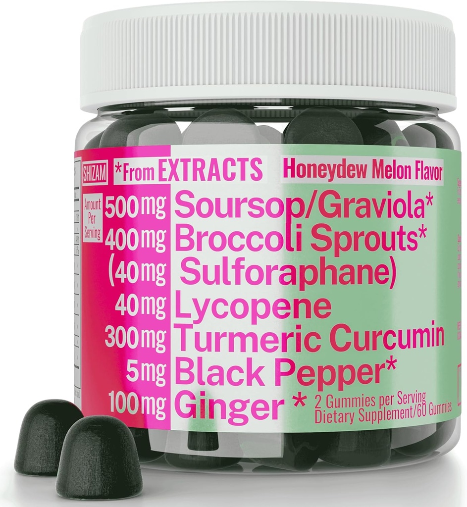 Soursop Graviola Curcumin Lycopene Broccoli Sprouts Sulforaphane Extract Gummies with Turmeric Curcumin Ginger Black Pepper, Sour Sop Guyabano Leaf Supplement, Chew Chewable Pills Capsules Supplements