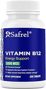 Safrel Vitamina B12 5000 mcg por Tablet, 200 Days Supply, Suplemento de Energía, Metabolismo y Nervous System Health Support, Vegan, Gluten Free y Dye Free ← Made in USA