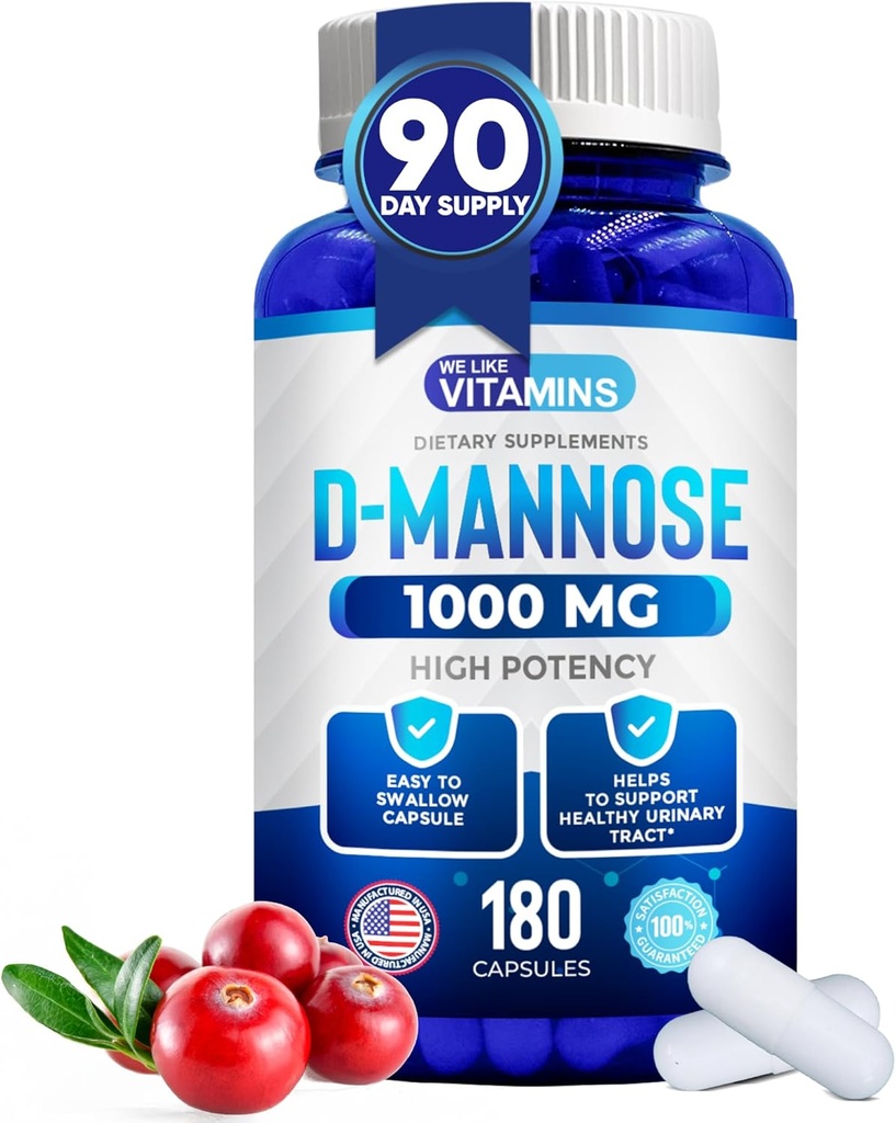 We Like Vitamins D-Mannose 1000mg Capsules - 180 Easy to Swallow Veggie Capsules - Cranberry D Mannose Supplement Helps Support Bladder and Urinary Tract Health