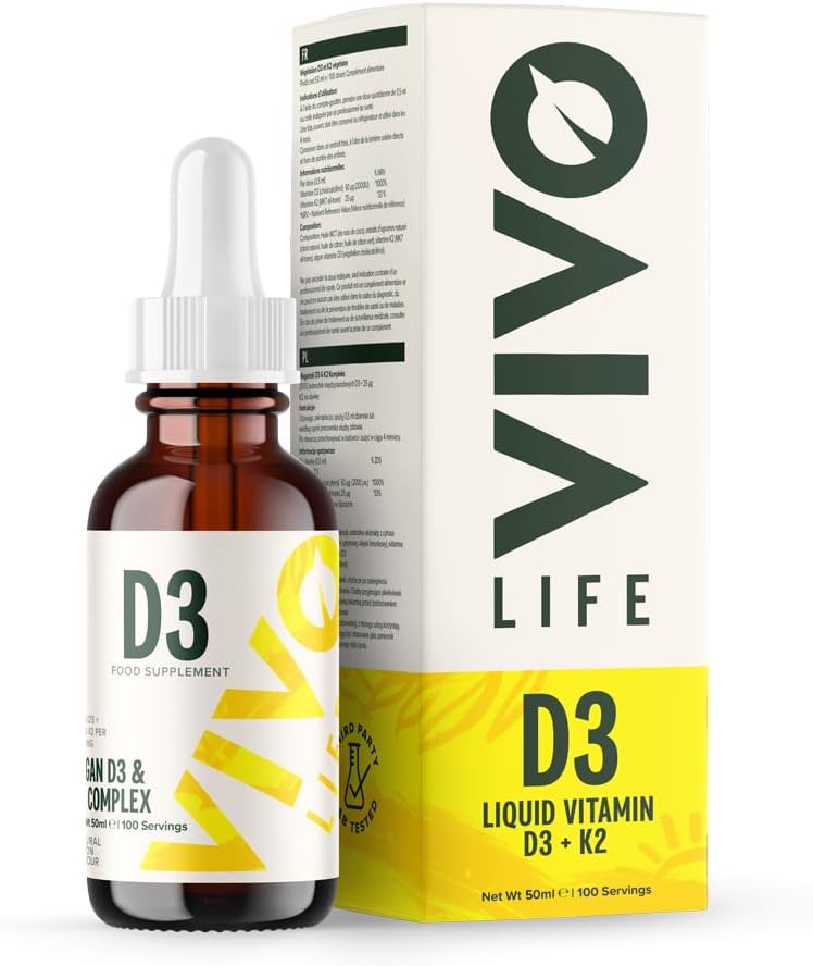 Vida Vivo - Vitamina D3 K2, 50ml Líquida de gotas, 2000iu de D3, Vegan Health Suplemento para Hombres y Mujeres, 100 Servimientos