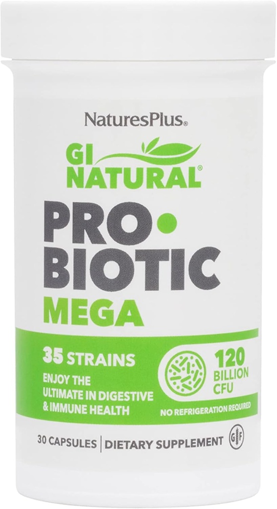 NaturesPlus GI Natural Probiotic Mega - 30 Capsules - Salud Digestiva &amp; Inmunitaria - Gluten Gratis - 30 Servings