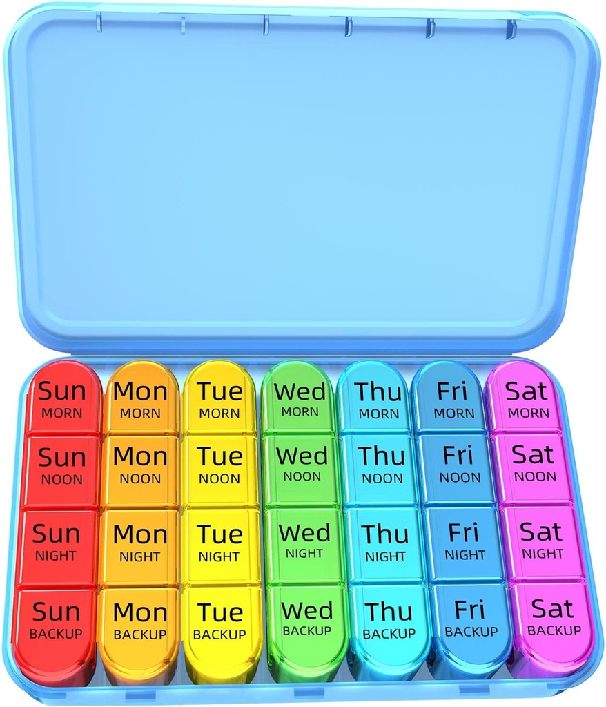 Odaro Organizador semanal de píldoras 4 veces al día, Caja de píldoras diarias 7 días, caja grande de la pila de viaje con 28 Compartimiento para mantener la medicina, vitamina y suplemento - Caso azul