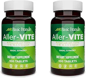Marcas básicas Aler-Vite - Alivio de Alergia Natural Tabletas - Sinus Homeopático & Nasal Apoyo con Bioflavonoides, Vitaminas A, B2, B5, C, E & Calcio - 100 Tabletas Veganas - 2-Pack