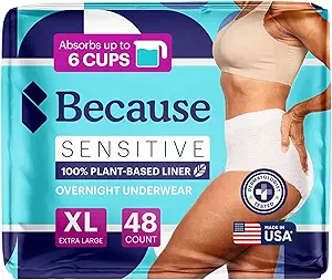 Debido a la incontinencia adulta ropa interior para la piel sensible - Mujeres - Premium Overnight Breves desechables, Anti olor - blanco, X-Large - Absorbs 6 Copas - 48 Cuenta (4 paquetes de 12)