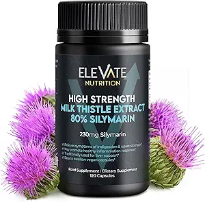 ELEVATE NUTRITION Milk Thistle - 288 mg, 80% Silymarin Extract - 120 Vegan Capsules - Dietary Health Supplement May Support Liver Wellness &amp; Digestive Comfort