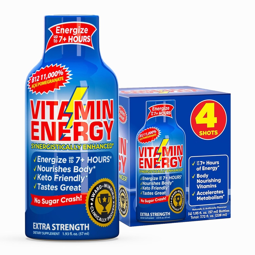 Vitamin Energy B12 11,000% Extra Strength Energy Shot Açaí Pomegranate 4 Pack, 260mg Natural Caffeine, B12 &amp; B6, Nootropic Focus, Vitality, Zero Sugar, Gluten-Free, Vegan, Kosher, 1.93 fl oz