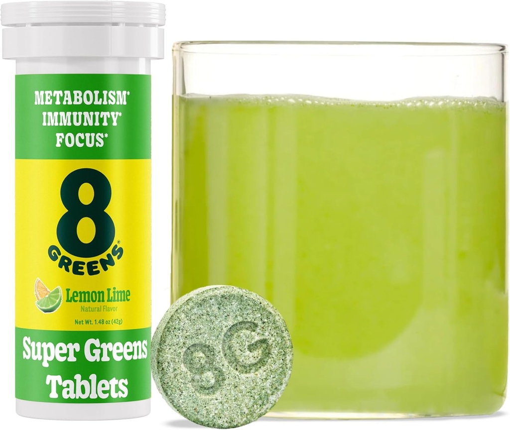8Greens Supergreens Tablets ← Super Greens Powder Superfood Tablet, Metabolism Immunity & Focus, Daily Greens Effervescent Tablets, Organic: Aloe Vera, Spirulina, Chlorella, Lime de limón, 10 Servings